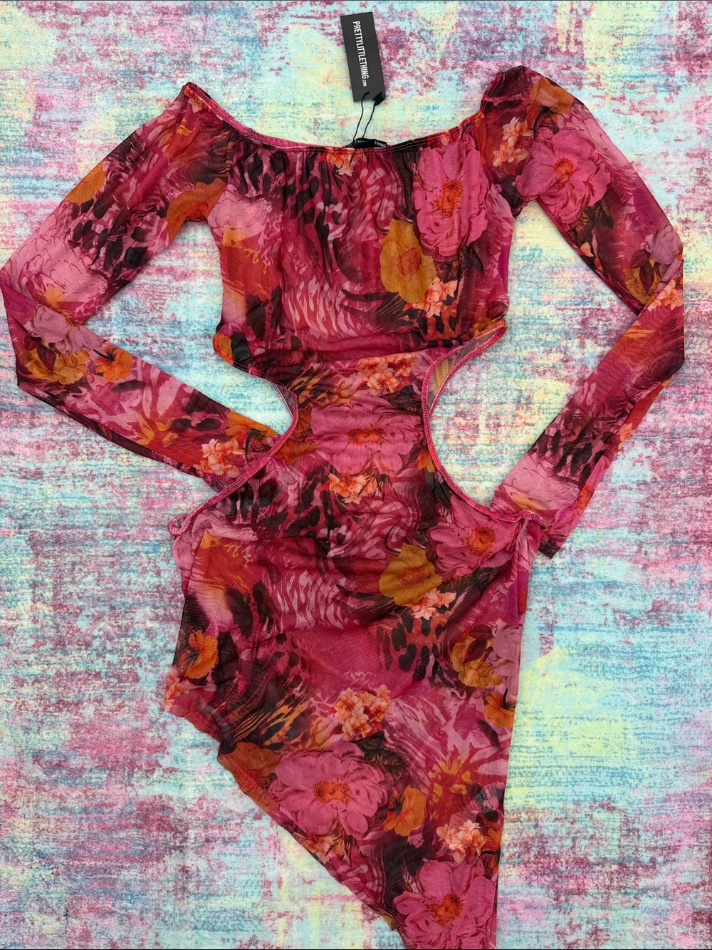 PrettyLittleThing Pink & Orange Floral Mesh Dress